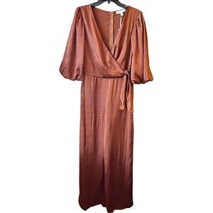 NWT She + Sky Copper Brown Jumpsuit M Puff Sleeves Wide Leg